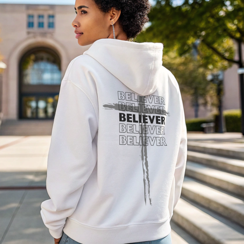 Hoodie Multiple Colors Grey Cross Black Letters Believer Hoodie