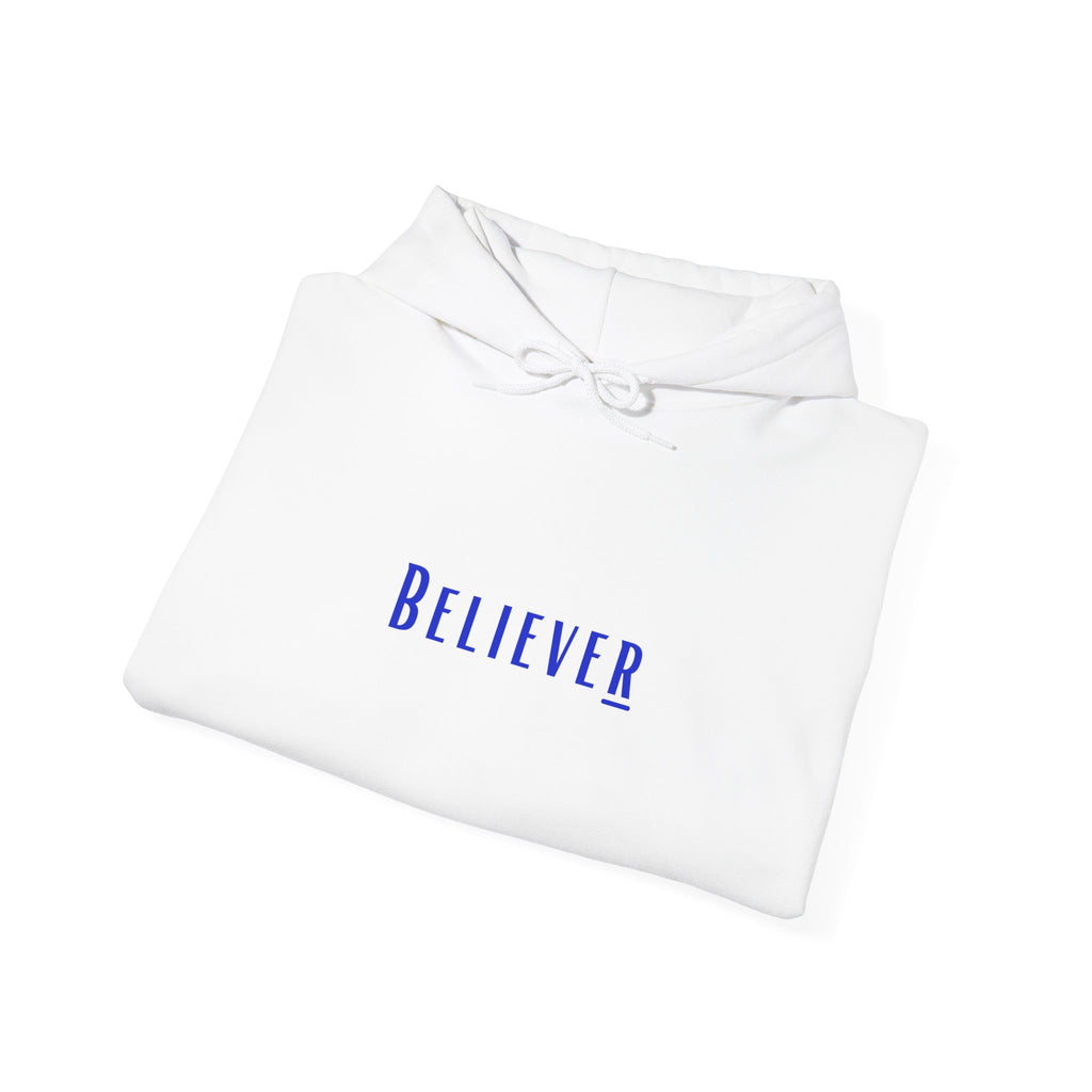 Winter White Believer Hoodie – Deep Blue Lettering