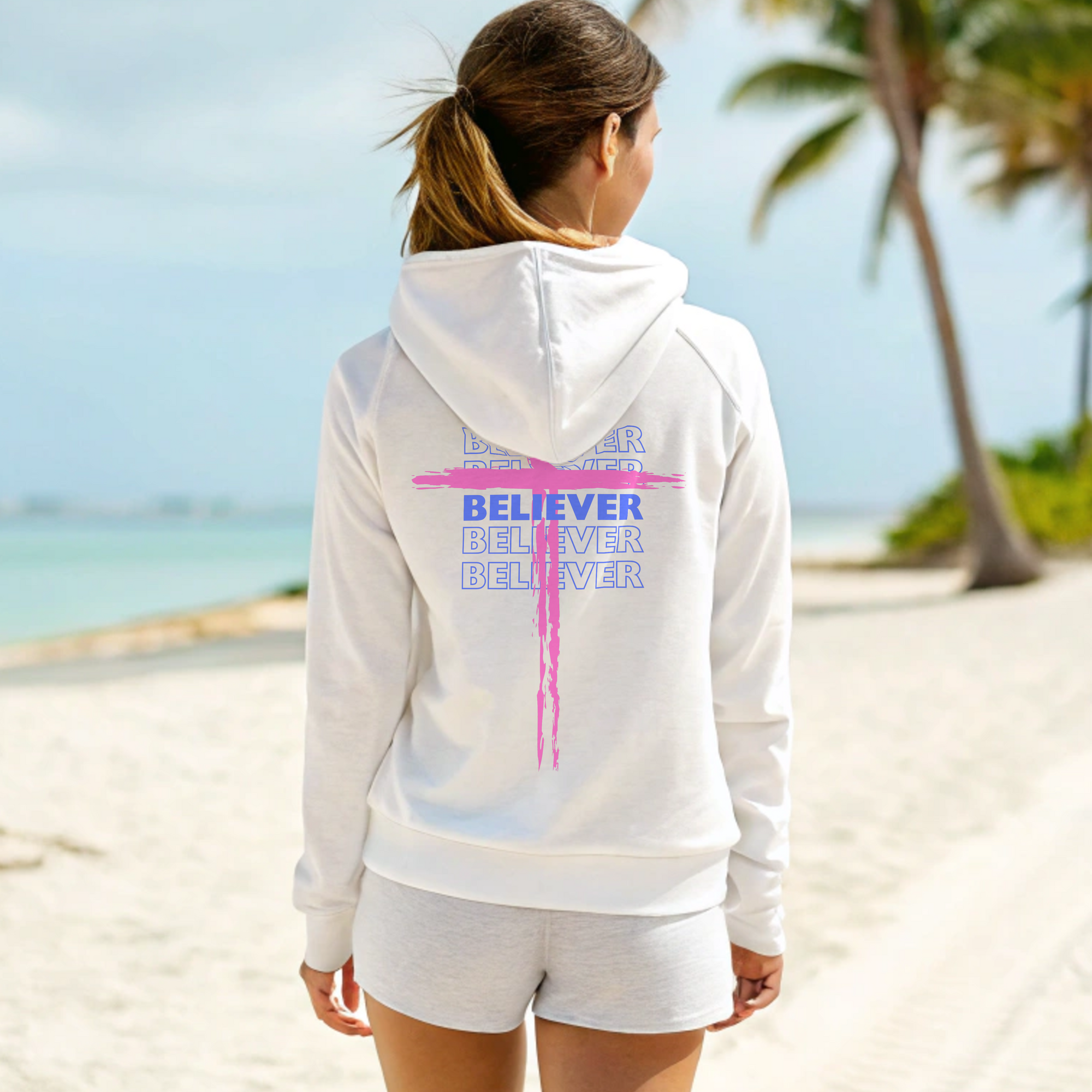Believer Cross Hoodie – White / Pink