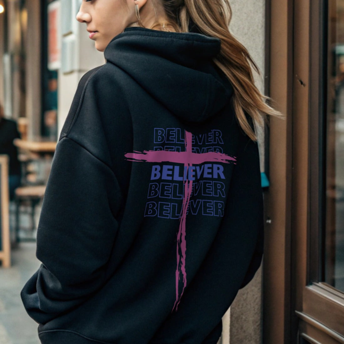 Believer Cross Hoodie – Black / Pink