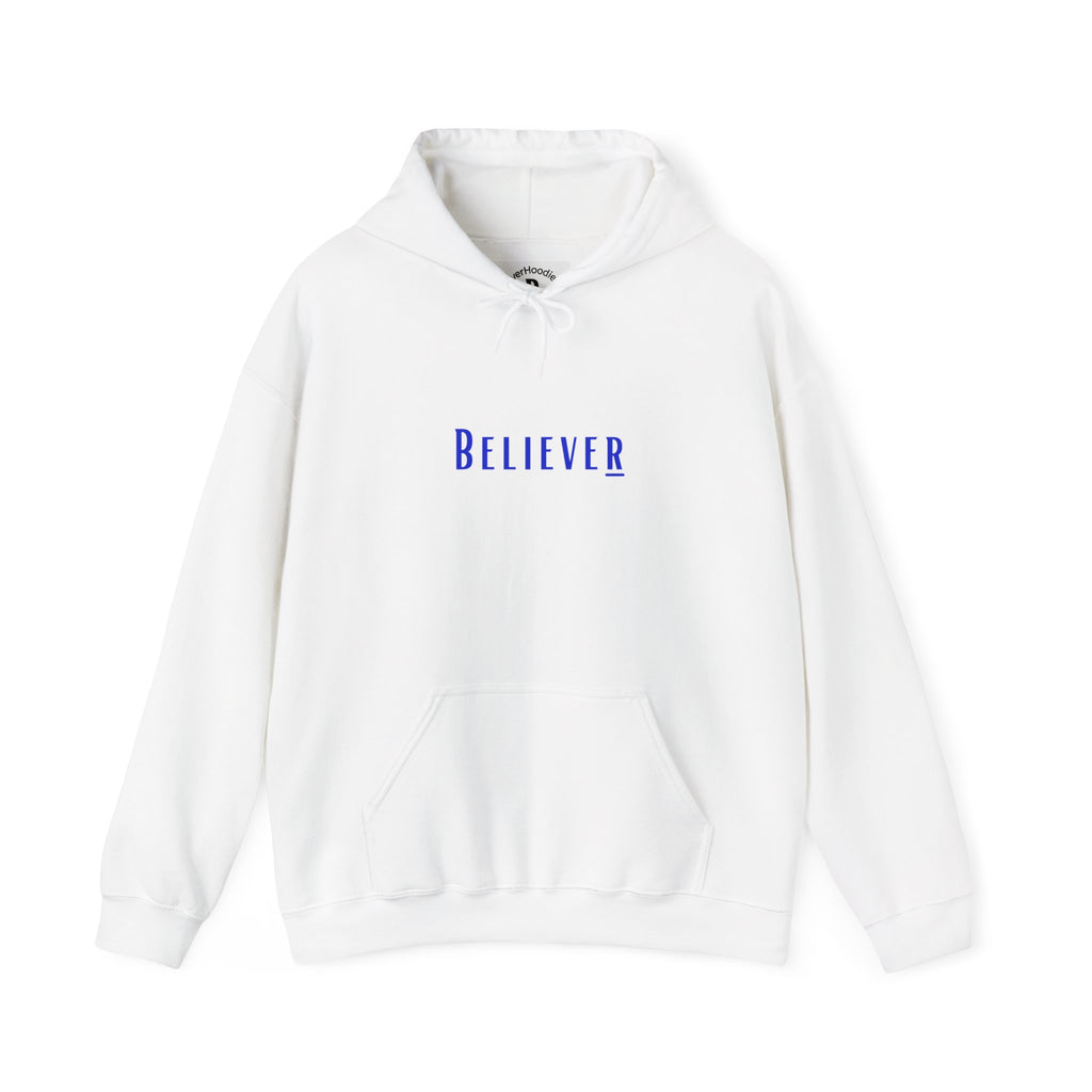 Winter White Believer Hoodie – Deep Blue Lettering