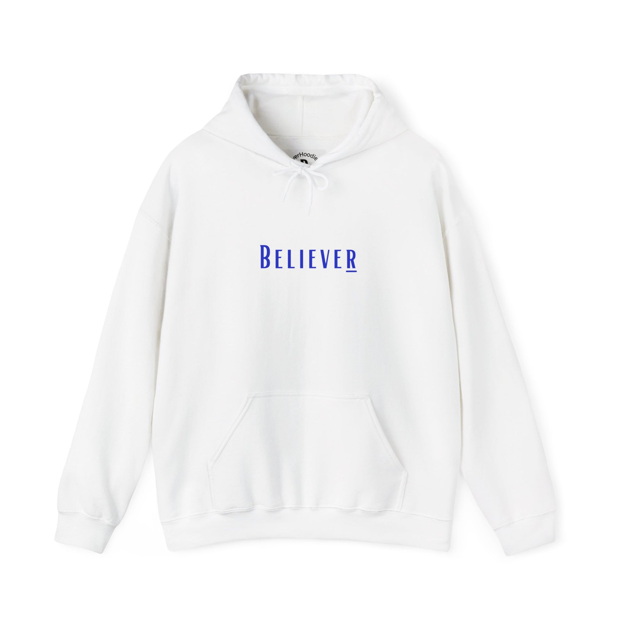 Winter White Believer Hoodie – Deep Blue Lettering