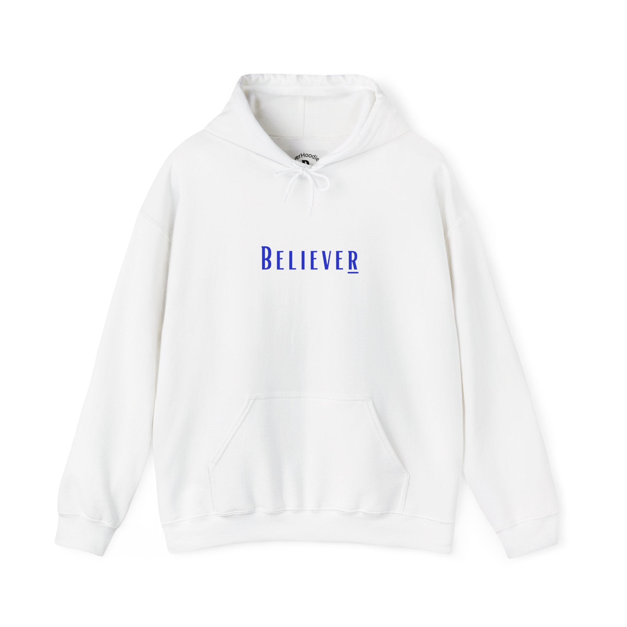 White Believer Hoodie – Deep Blue Lettering