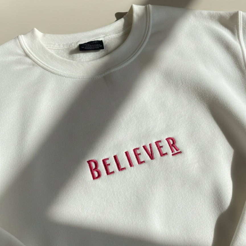 White Crewneck with Pink Embroidery