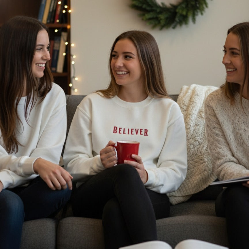 White Crewneck with Pink Embroidery