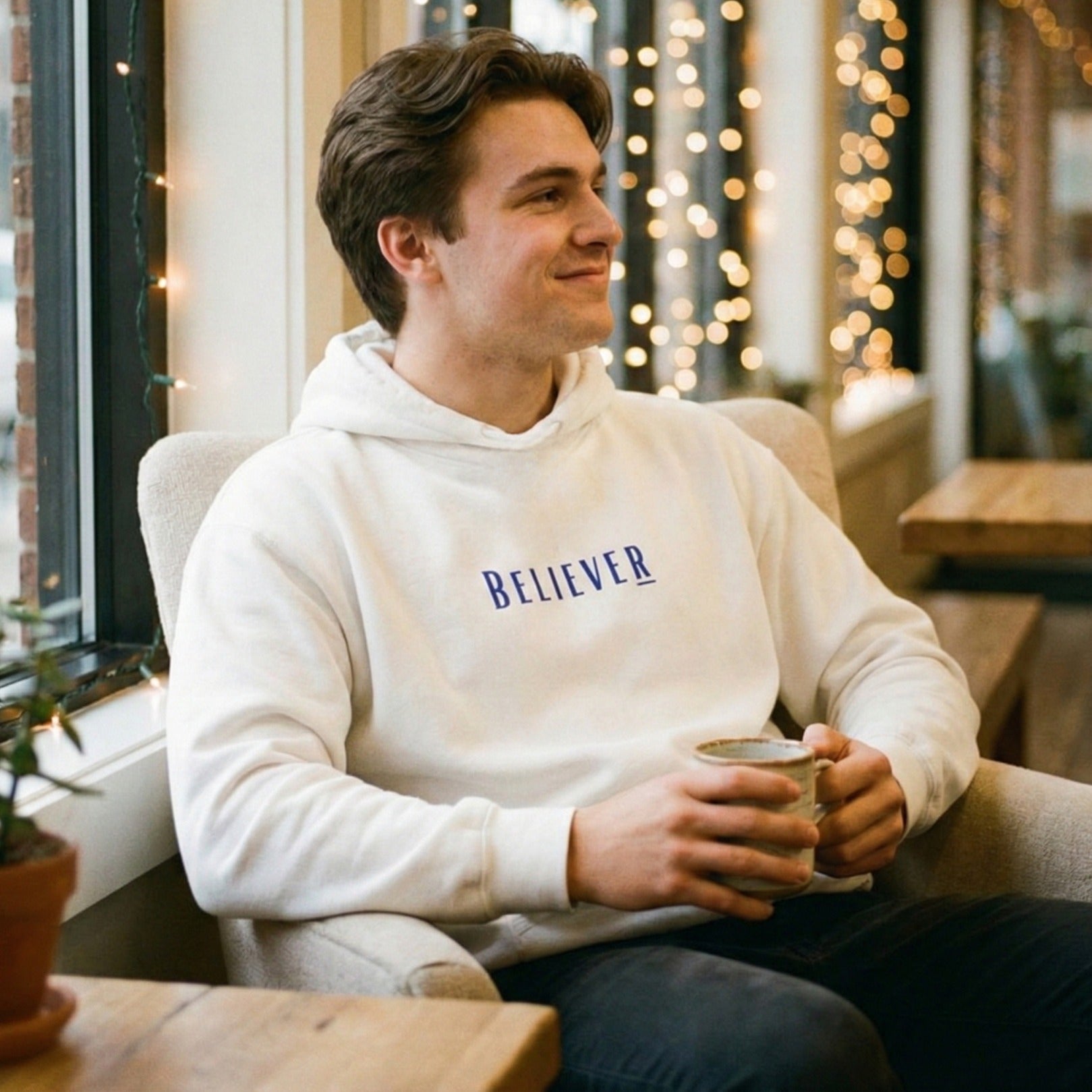 Winter White Believer Hoodie – Deep Blue Lettering