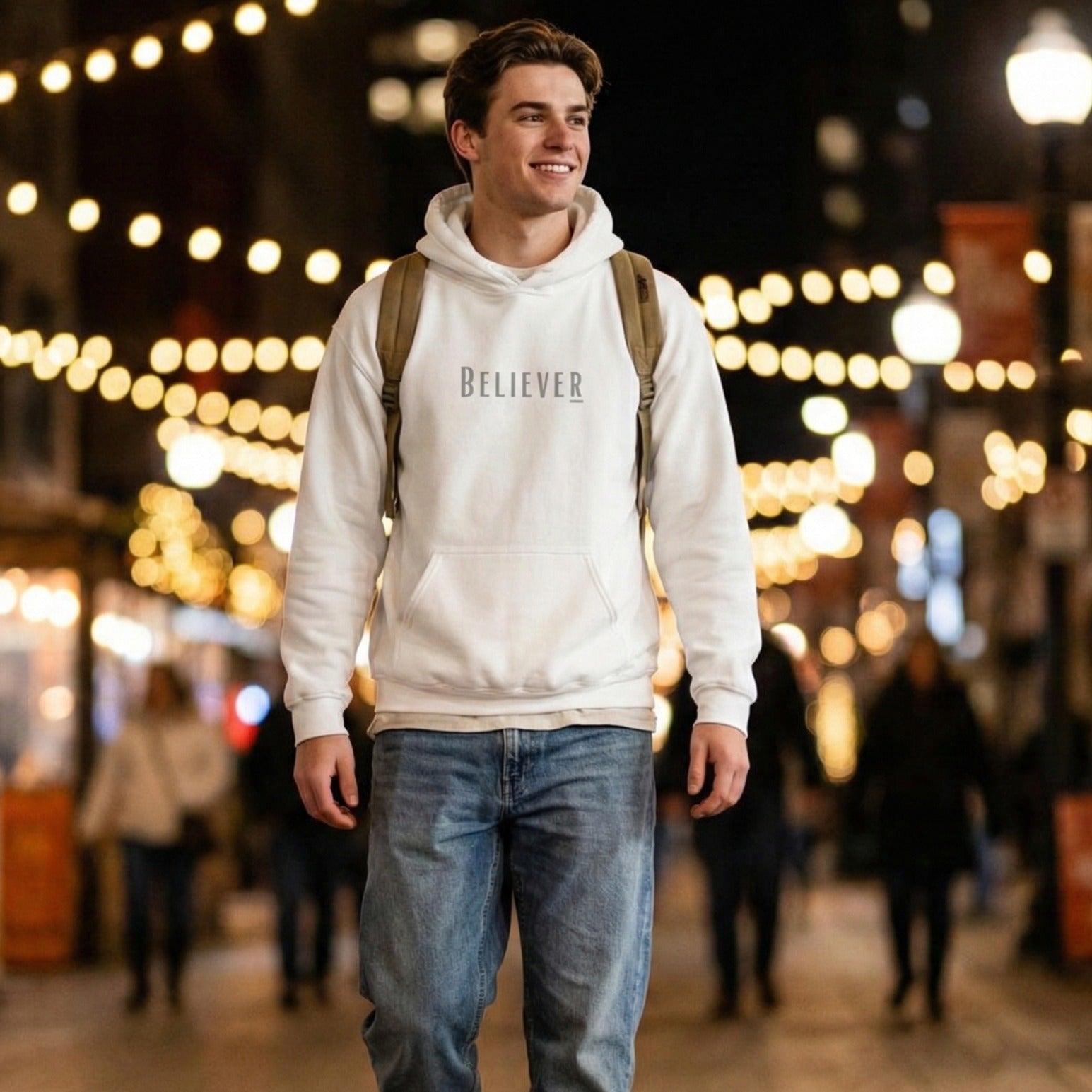 Winter White Believer Hoodie – Soft Grey Lettering