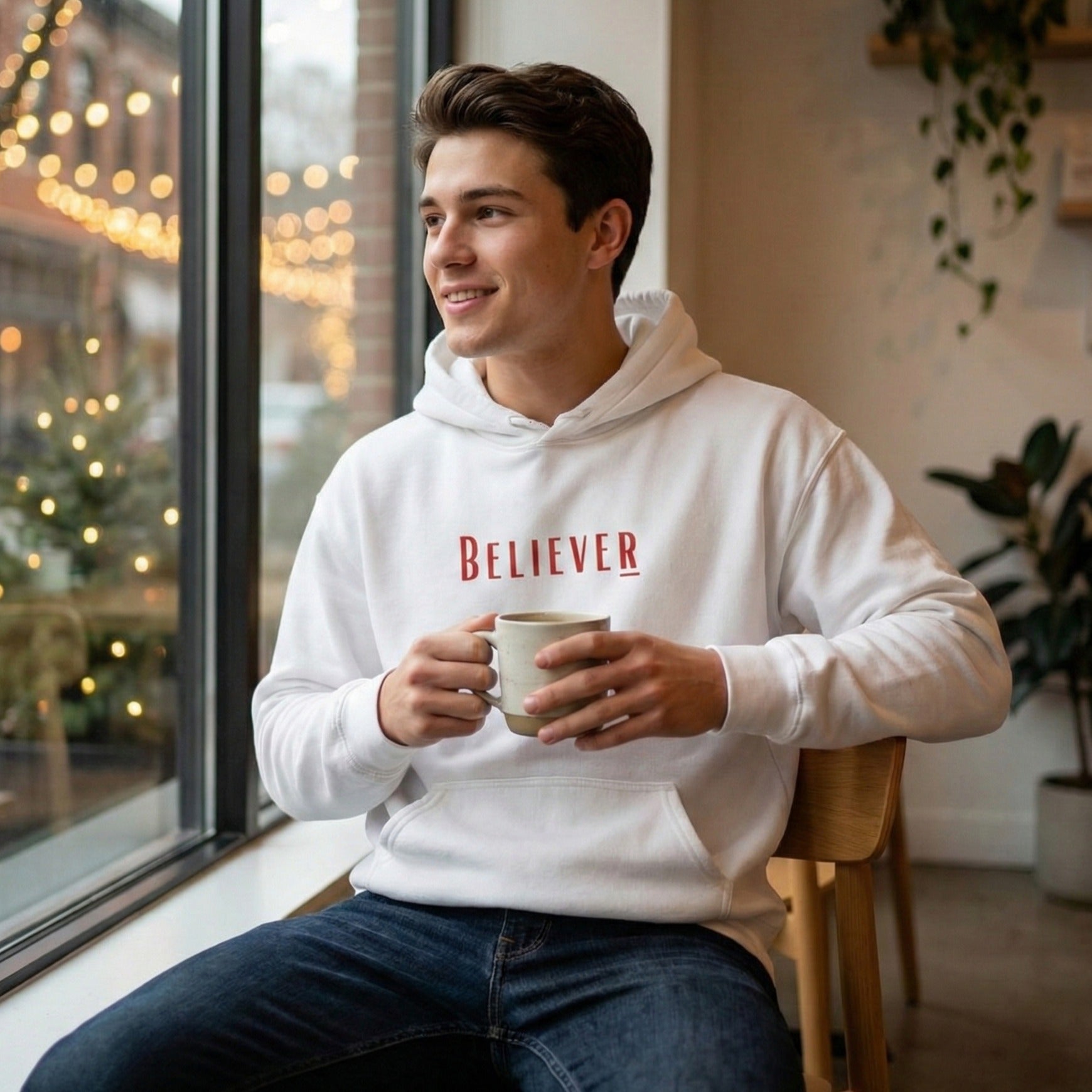 Winter White Believer Hoodie – Cerise Pink Lettering
