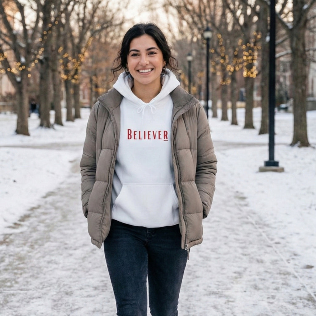 Winter White Believer Hoodie – Cerise Pink Lettering