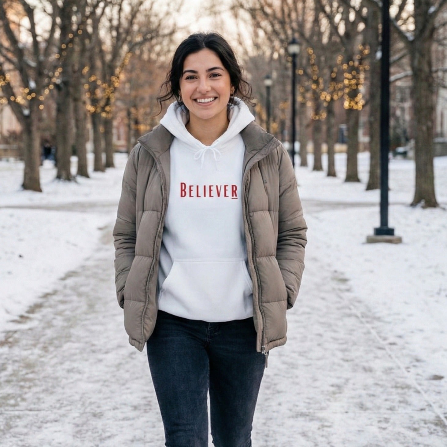 Winter White Believer Hoodie – Cerise Pink Lettering