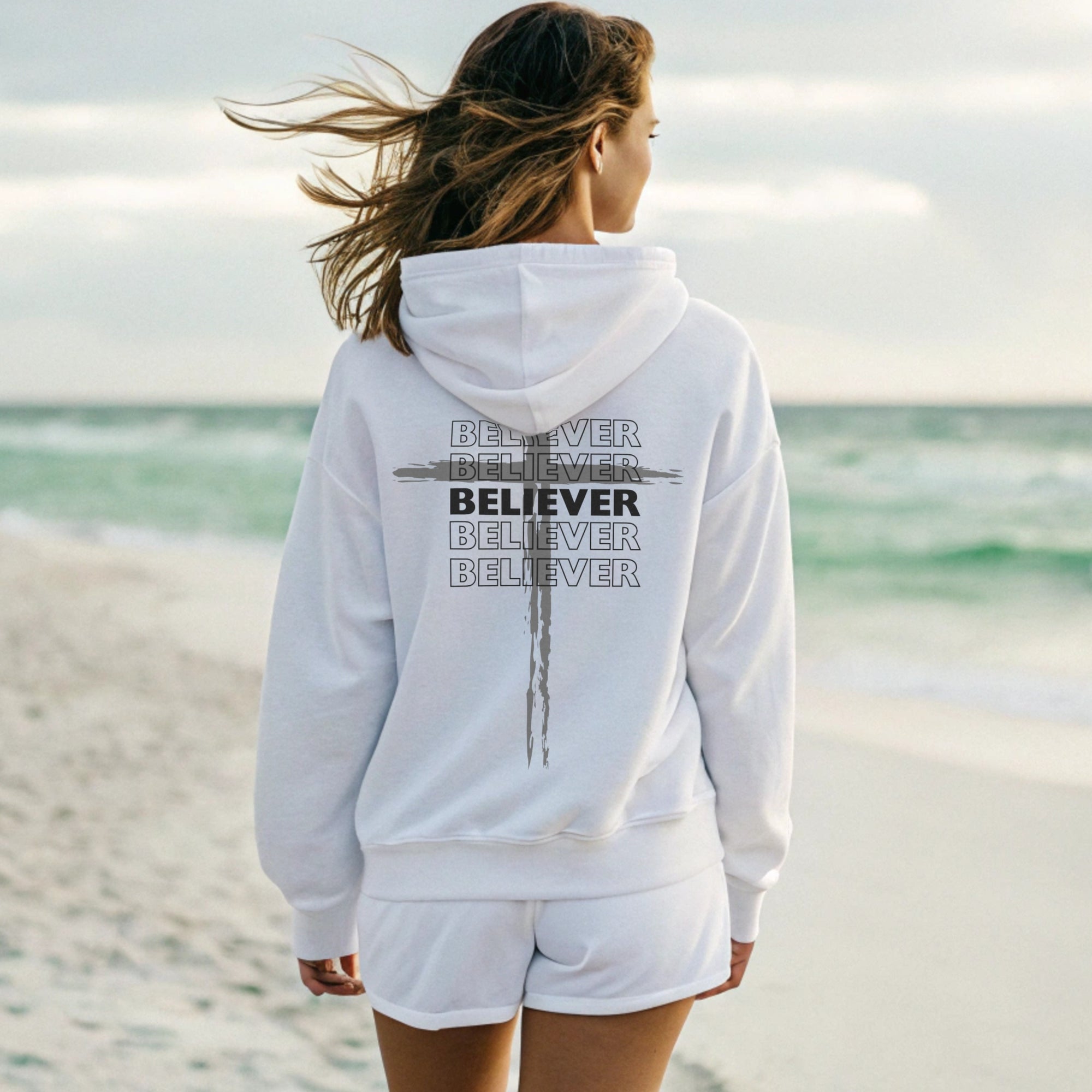 Believer Cross Hoodie – White / Grey