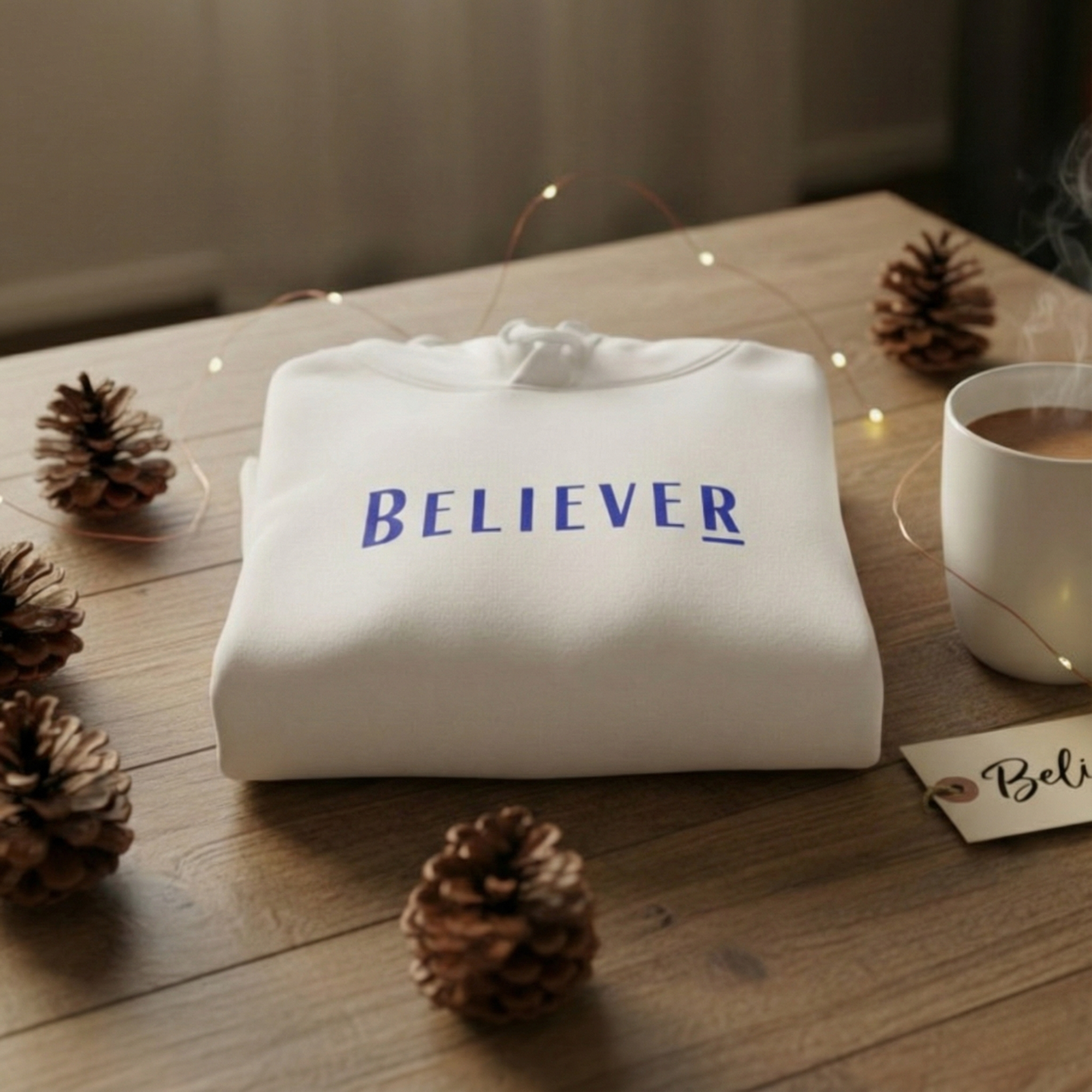 Winter White Believer Hoodie – Deep Blue Lettering