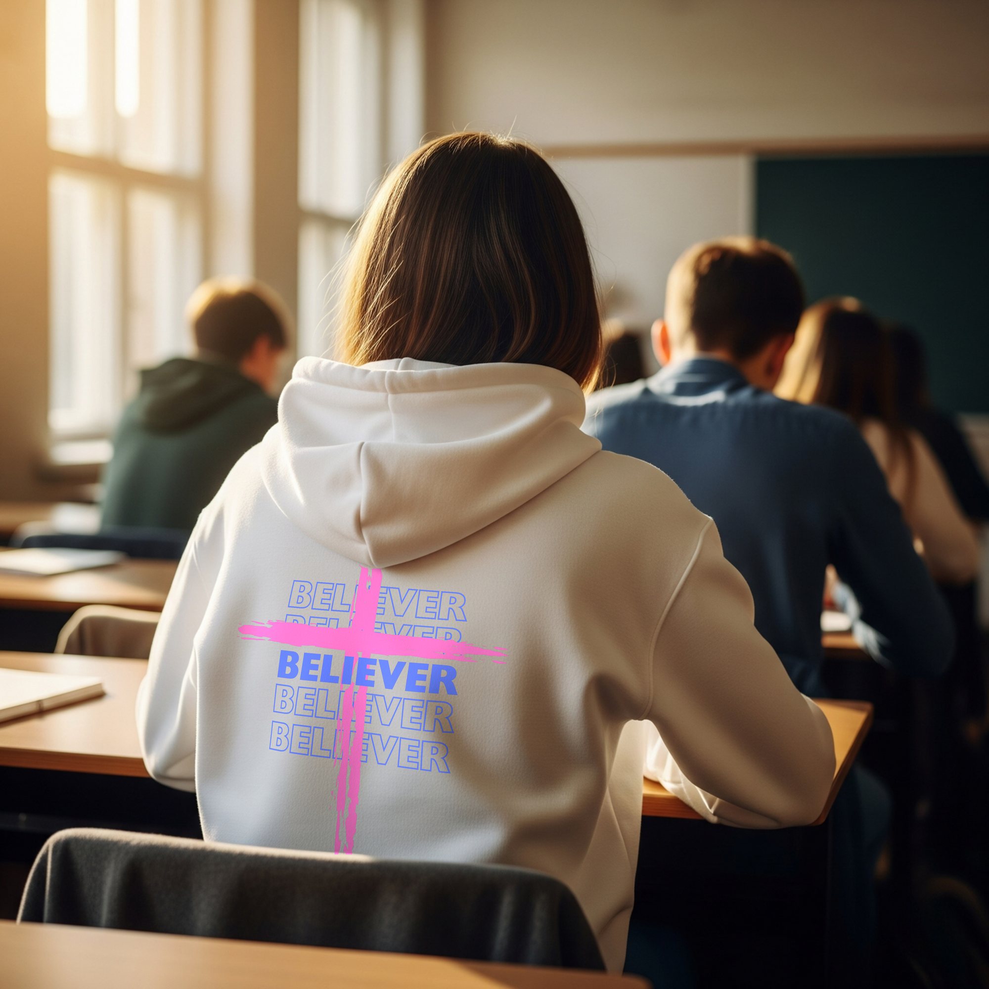 Believer Cross Hoodie – White / Pink
